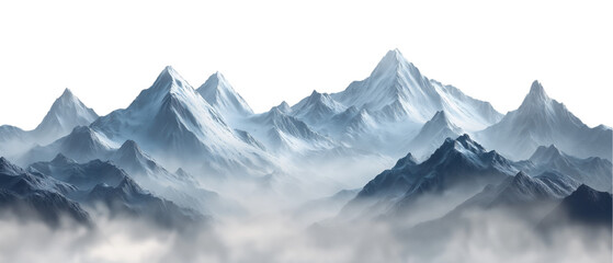 A large snow-covered mountain range, transparent background