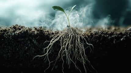 Small sprout emerges from dark soil amidst smoke.