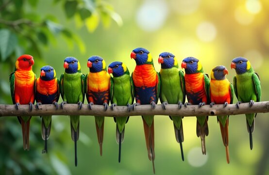 Colorful parrots perched on tree branch. Vibrant birds with various colors. Nature scene. Different parrot species sitting on one branch. Birds in row. Sunny day. Plants in background. Nature