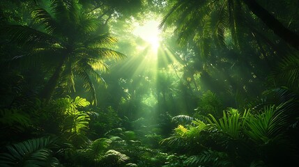 Sunbeams Illuminate Lush Tropical Rainforest Canopy