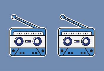 classic radio player, and audio tape in cartoon vector sticker form Vintage audio equipment featuring a radio illustration