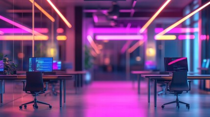 Modern neon cyberpunk open space office interior blurred. Corporate strategy for finance, operations, marketing. Tables with computers for work