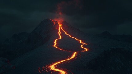Glowing orange lava flowing down the dark slopes of a volcano at night creates a dramatic scene, showcasing the raw and dangerous power of nature in all its fiery glory