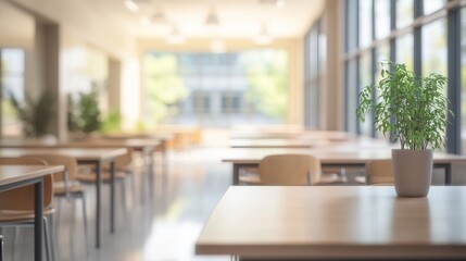 The blurred background of the school office, dining room, hall. The unfocused interior of a modern room in an educational institution