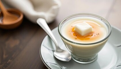 Creamy dessert in glass bowl on plate, tabletop setting