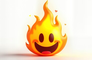 High definition rendered fire emoji. Isolated on white background. Vivid orange flames. Abstract design. 3d model. Fun and creative. Happy fire emoji face. Glowing flames. Studio shot. No people.