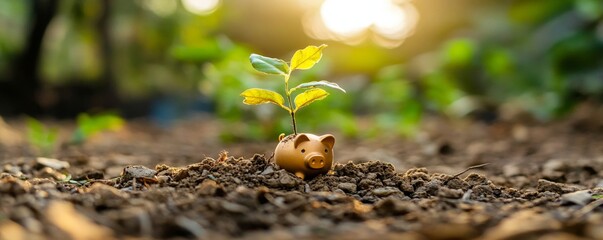 A small sapling growing out of broken piggy bank in soil, symbolizing growth and savings