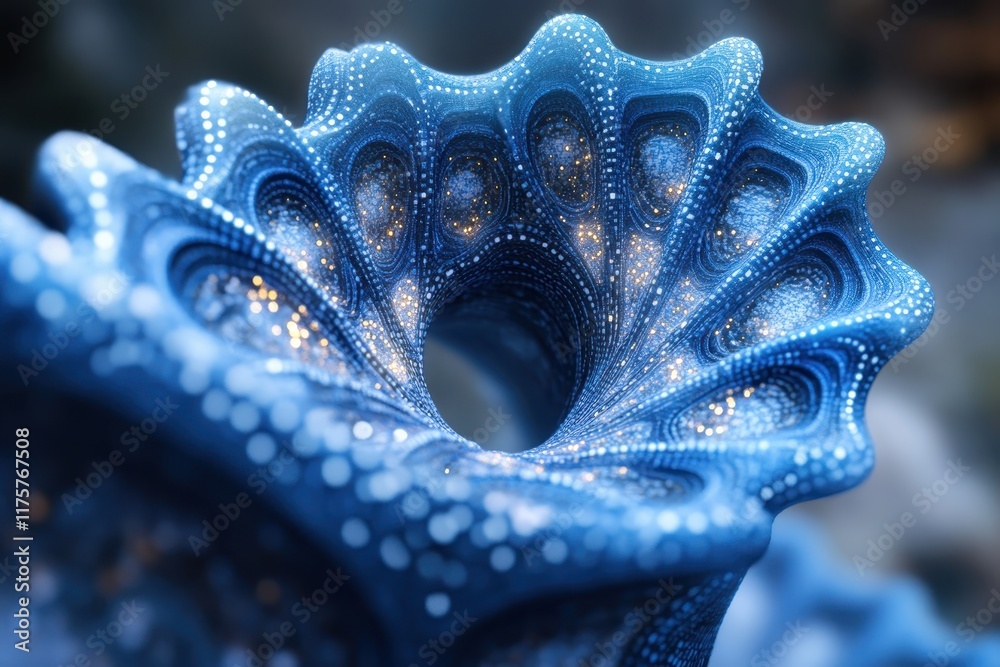 Poster complex blue fractal shape demonstrating intricate patterns and textures in a surreal environment