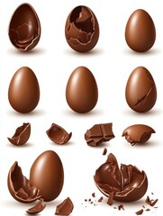 Fototapeta premium Chocolate eggs set. Isolated whole, broken, exploded, cracked and open brown eggs collection. Realistic sweet chocolate candy dessert icons. Vector Easter holiday celebration concept