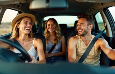 Three friends happily travel in car. Enjoying summer vacation. Smiling, laughing. Car ride, vacation, friends, summer, joyful, happy, trip, diverse, road trip, young, journey, group, ethnicity
