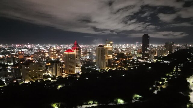 Aerial drone shot of fireworks over Santo Domingo, Dominican Republic.