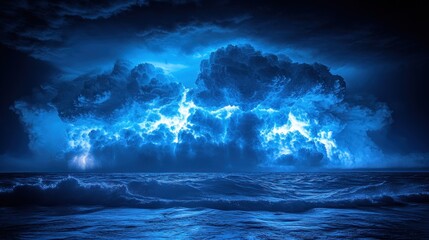A dramatic night scene featuring a stormy ocean illuminated by blue lightning and clouds.