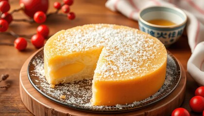 Sliced custard cake on wooden table, teacup, festive decor
