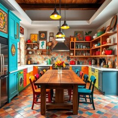 Kitchen interior design. Eclectic style kitchen interior design. Architecture interior. Eclectic interior. Eclectic style.