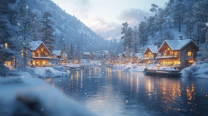 Fototapeta premium A panoramic view of a snow-covered mountain resort with luxurious chalets nestled among pine trees, glistening under soft morning light on a sunny winter day, creating a picturesque and inviting scene