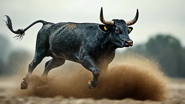 A robust black bull sprints energetically across a vast field, kicking up dust as it runs under a cloudy sky during the early morning. The powerful animal showcases its strength and agility in motion.