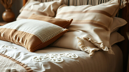 Close-up view of a bed with off-white and tan bedding.  Several pillows of varying sizes and textures are arranged, showcasing a neutral color palette.  The bedding has subtle decorative elements.