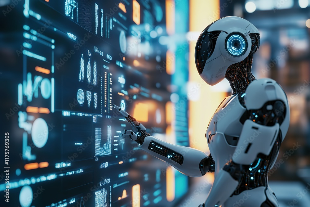 Poster robot interacting with a futuristic data interface.