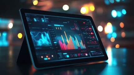 Tablet displaying financial data graphs and charts at night.