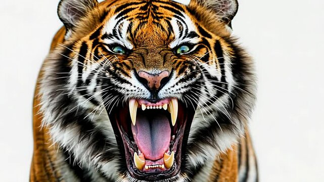 An intense moment unfolds as a tiger growls fiercely, displaying its formidable fangs. This powerful interaction occurs in a wildlife sanctuary, showcasing the tiger's raw energy and majesty.