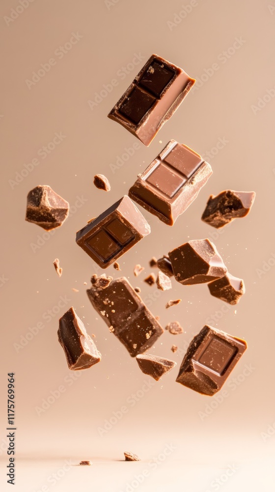 Poster different sizes of milk chocolate pieces are levitating on a warm brown background, creating a visua