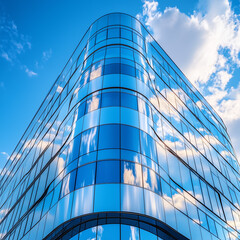 Obraz premium Futuristic building with mirror glass, sky reflected on the facade 