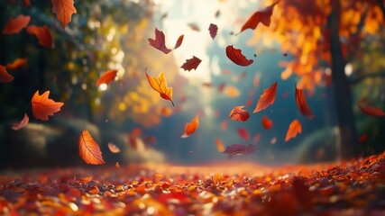 Beautiful autumn landscape with Colorful foliage in the park. Falling leaves natural background