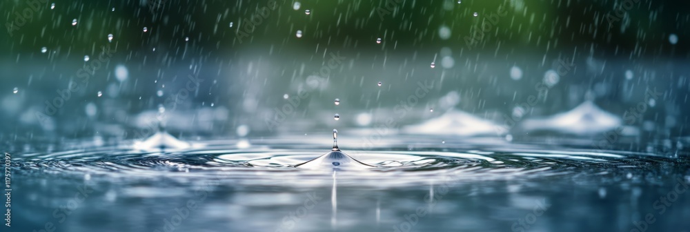 Aufkleber heavy rain is falling and creating ripples and concentric circles on a water surface with drops spla