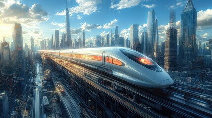 High-speed trains passing through a futuristic urban landscape