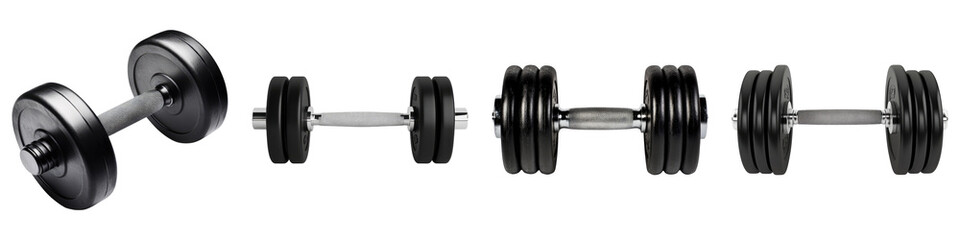 Premium quality rubberized grip dumbbell isolated on transparent background, Set of