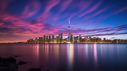Naklejka premium Toronto Skyline at Dusk - Vibrant Colors and Reflections