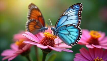 Fototapeta premium Colorful butterflies rest on pink flowers. Close up view of beautiful insects in vibrant natural habitat. Butterflies sip nectar. Springtime meadow scene. Nature background full of flora. Beautiful