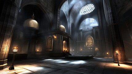 Obraz premium A grand, illuminated interior of a cathedral with dramatic lighting.