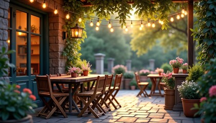 Fototapeta premium Outdoor garden cafe setting with wooden tables, chairs. Plants, flowers add natural touch. Soft lighting creates pleasant atmosphere. Perfect for summer evening. Wooden structure provides covered