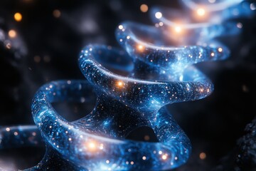 Exploration of a swirling galaxy structure surrounded by shimmering stars and cosmic elements at twilight