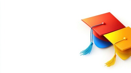 Two colorful graduation caps, red, yellow, and blue, on white background.