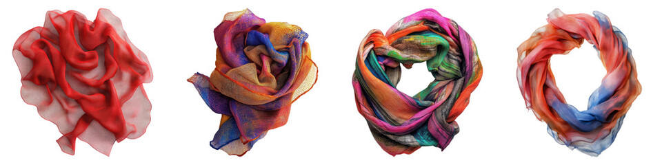 Printed wool gauze scarf isolated on transparent background, Set of