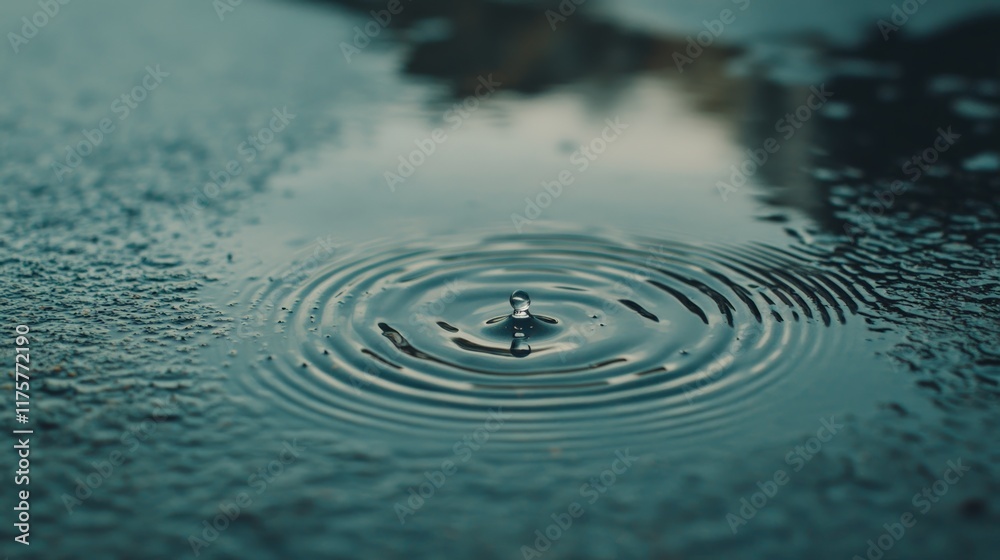 Poster Single drop of water creating expanding circular ripples on a puddle surface, with a blurred background, offering a tranquil and meditative mood