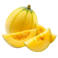 Fresh yellow melon with slices arranged on a clean transparent background showcasing vibrant color and texture, Yellow melon isolated on transparent background