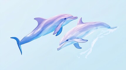 Obraz premium Two dolphins leaping playfully in clear ocean water.