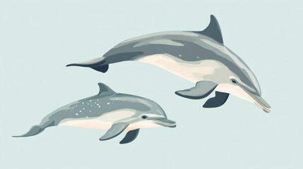 Obraz premium Two dolphins swimming underwater, one larger than the other.