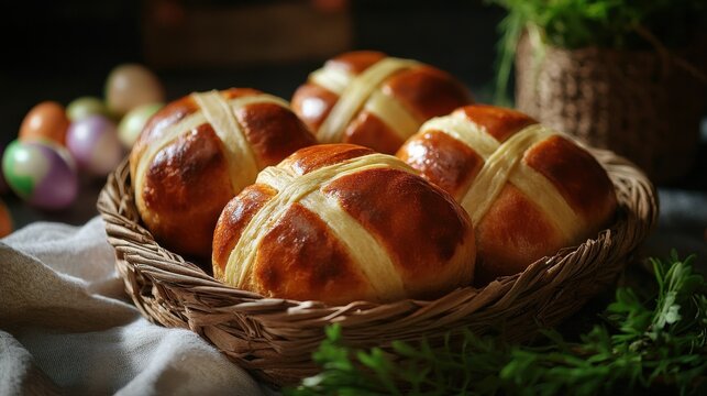 Easter hot cross buns and holiday decor.Traditional English Easter buns. - Powered by Adobe