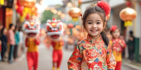 Fototapeta premium Smiling Girl in Festive Red Dress, Lion Dance Parade Background