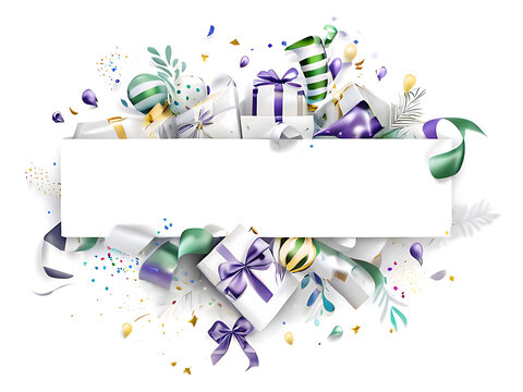 A festive birthday banner decorated with vibrant balloons and colorful gift boxes, ideal for commemorating a loved one's special day with joy and celebration.