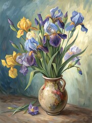 Vibrant bouquet of irises in a decorative vase with soft colors and textures