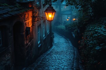 Cobblestone alley illuminated by lamplight in a foggy evening setting