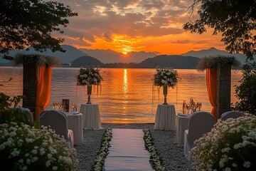 Romantic lakeside wedding ceremony sunset backdrop