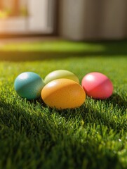 Naklejka premium easter, holidays and tradition concept - colored eggs on artificial grass