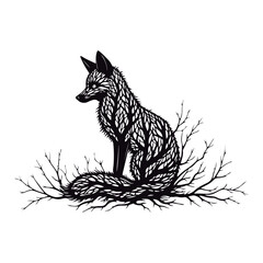 Cute silhouette fox branches black vector illustration
