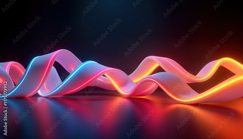 Poster abstract 3d rendering. wavy neon ribbons glow in dark room. colorful spectrum lines create dynamic p